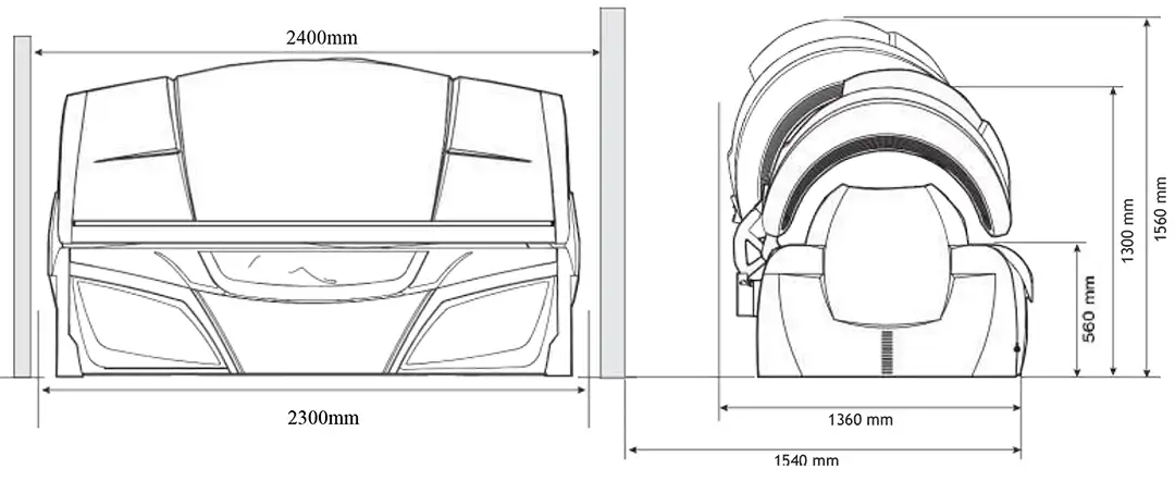 Schéma des dimensions de la cabine Body Boost Bed : 2,30 m de long et 1,36 m de large